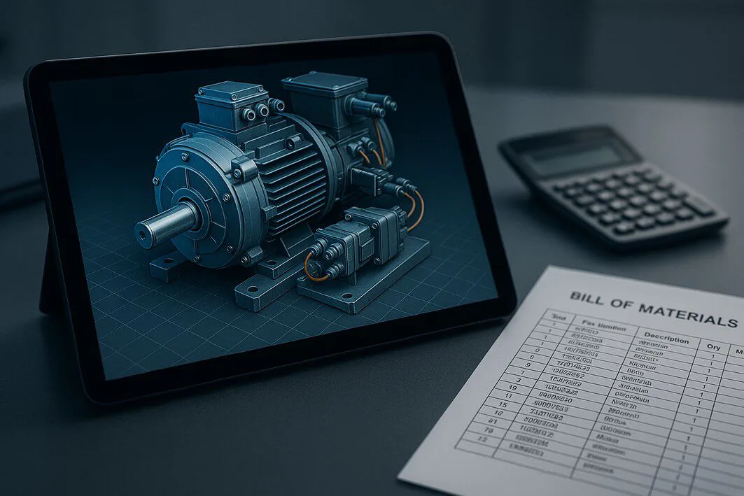 System Assembly Equipment Pricing: A 2026 Cost Guide for Professionals A tablet showing a 3D CAD model next to a Bill of Materials and a calculator, representing the process of getting an accurate quote for system assembly equipment.