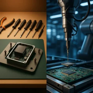 A split-screen image comparing a manual assembly workstation with tools on the left and a high-tech robotic arm on an automated assembly line on the right, illustrating the choice between manual and automated manufacturing.