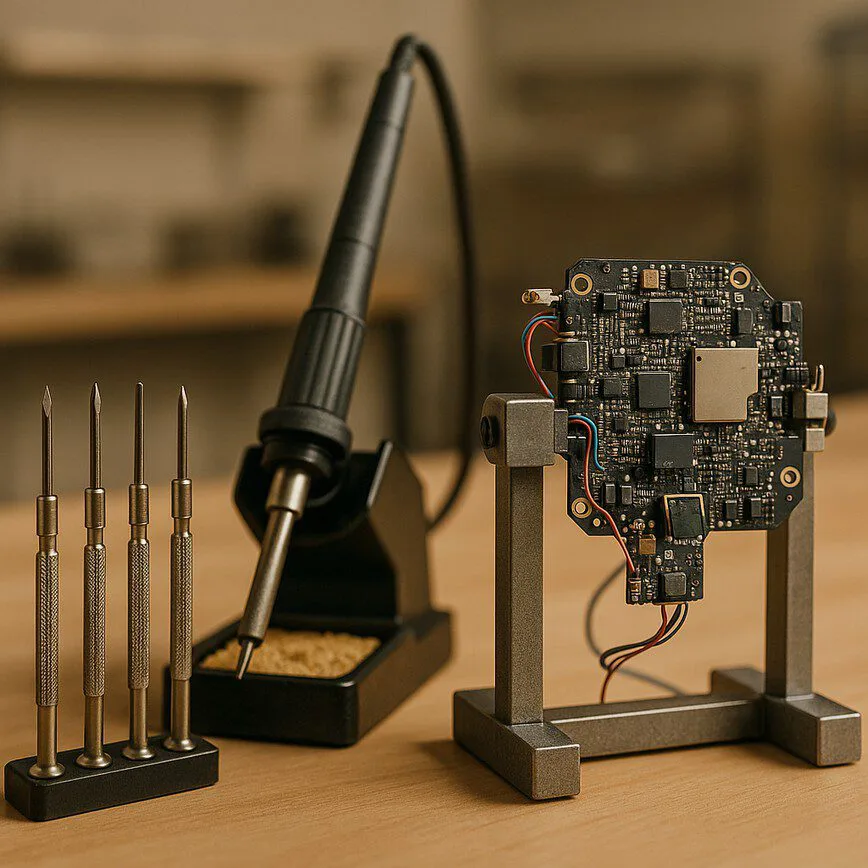 A detailed close-up of a manual assembly workstation, showing precision tools and a jig, representing the flexibility and skill involved in manual production.