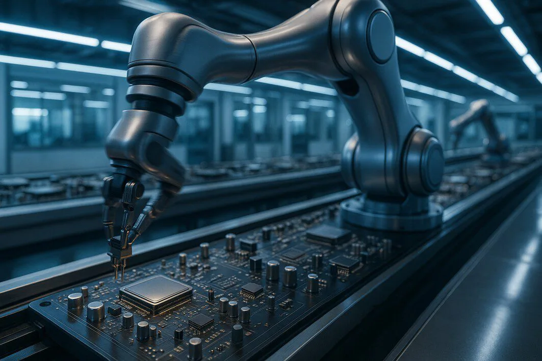 A dynamic view of a high-speed automated assembly line where a robotic arm precisely places a component, symbolizing the speed and consistency of automation.