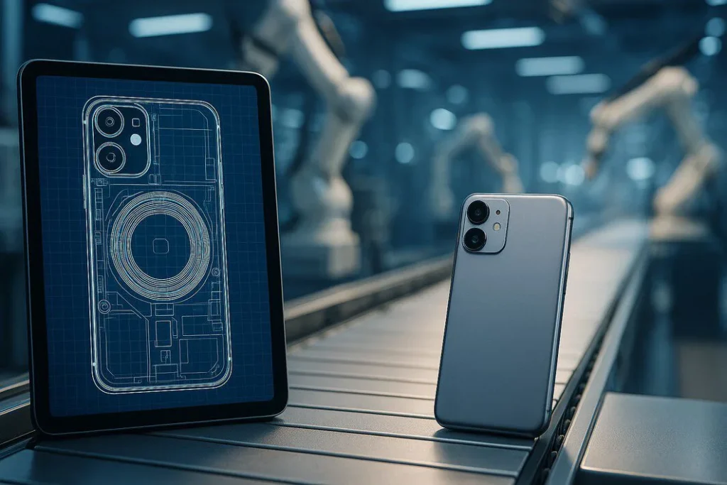 A high-tech image showing a digital blueprint on a tablet on the left and the finished manufactured product on a factory conveyor belt on the right, illustrating the contract manufacturing process.