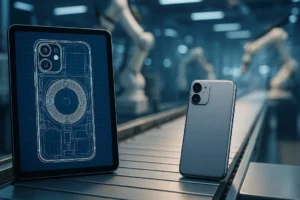 A high-tech image showing a digital blueprint on a tablet on the left and the finished manufactured product on a factory conveyor belt on the right, illustrating the contract manufacturing process.