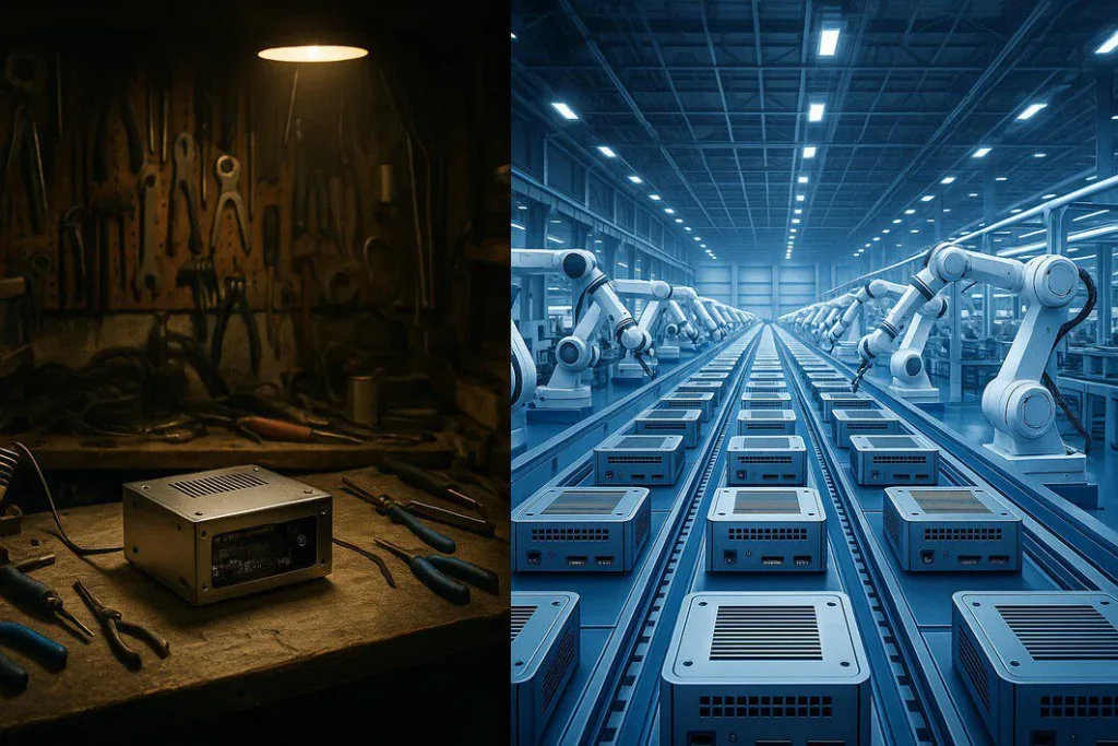 A split-screen image contrasting a messy, small-scale workshop with a large, clean, automated factory, illustrating the benefits of contract manufacturing.