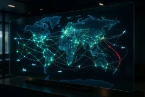 A futuristic holographic dashboard displaying a 3D world map with glowing lines that represent an optimized global supply chain, illustrating the power of supply chain optimization software.