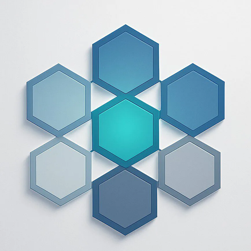 The 7 Key Principles of Supply Chain Optimization Explained A clean infographic showing seven interconnected hexagonal nodes, representing the 7 C's of supply chain management working together as a cohesive framework.