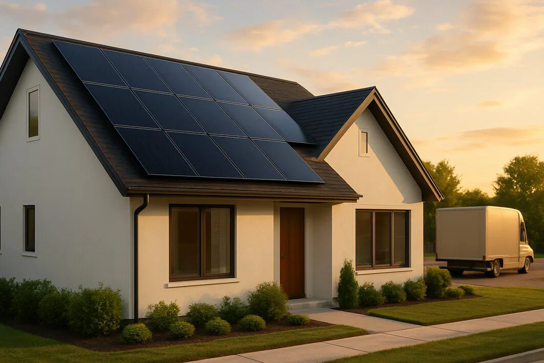 The 7 Key Principles of Supply Chain Optimization Explained A modern home at sunset with newly installed solar panels, symbolizing the successful and cost-effective result of an optimized supply chain for residential clean energy.