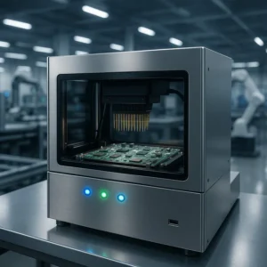 A modern In-Circuit Test (ICT) machine in a clean factory setting, representing the investment in automated test equipment for electronics manufacturing and quality control.