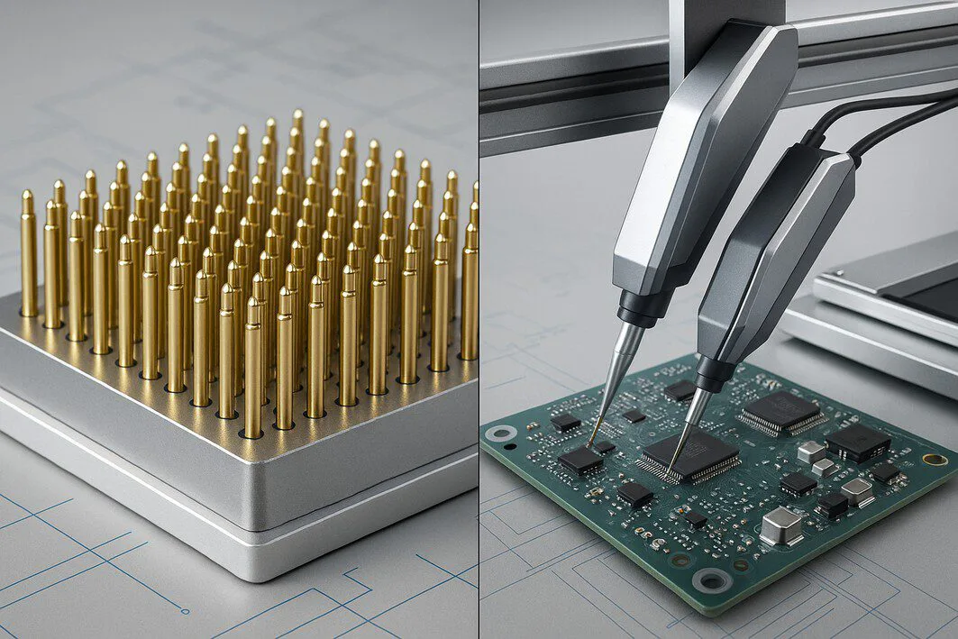 A split-screen comparison showing a bed-of-nails ICT fixture on the left and a modern flying probe tester with robotic arms on the right, illustrating two key types of in-circuit testers.