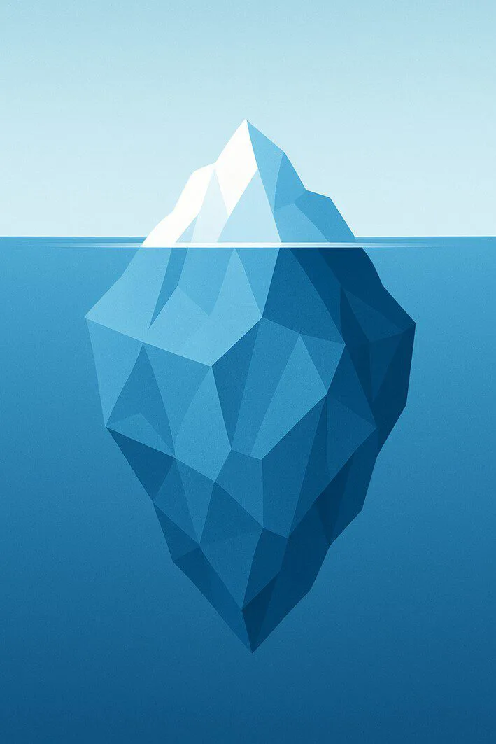 An iceberg illustration symbolizing the total cost of owning an ICT machine. The small visible tip represents the initial price, while the large hidden mass underwater signifies hidden costs like test fixtures, programming, and maintenance.