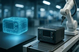A modern contract manufacturing facility showing the process from a digital CAD design of a product to the finished physical item on an automated assembly line.