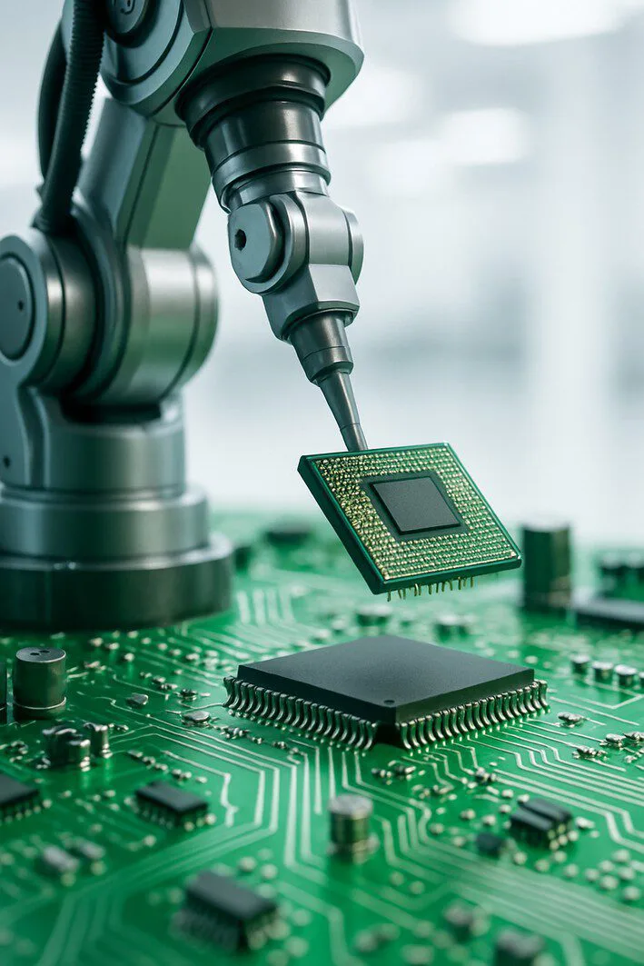 A close-up of a robotic arm precisely placing a microchip on a circuit board, symbolizing the access to expertise and advanced equipment in contract manufacturing.