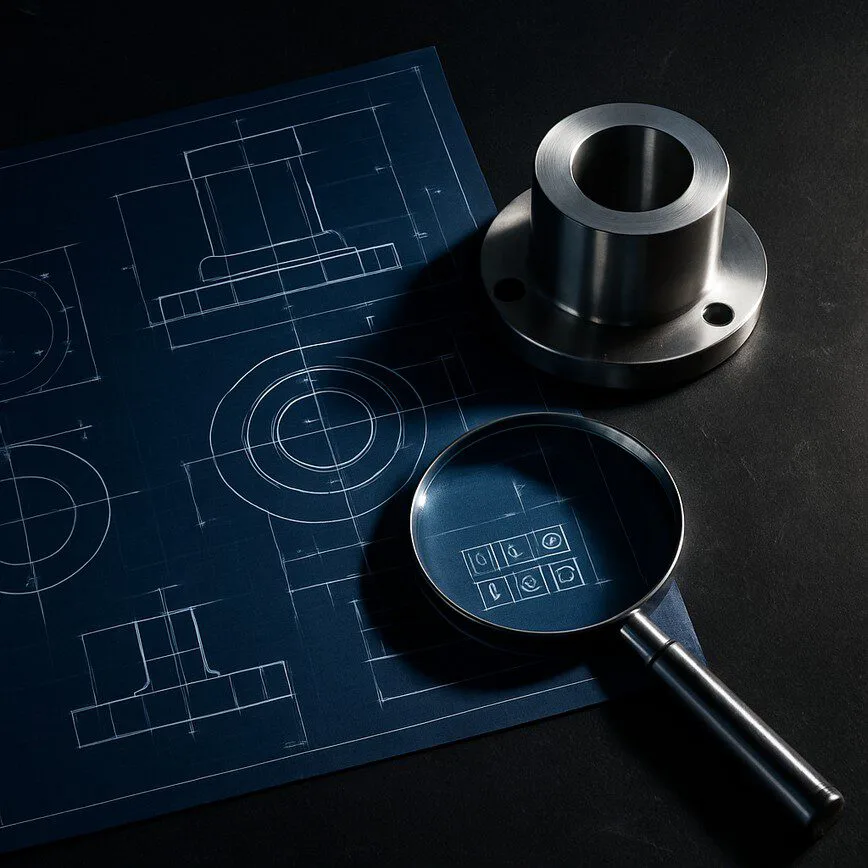 A flat lay of a technical blueprint, a magnifying glass, and a finished machined part, representing the meticulous quality control and negotiation phase of contract manufacturing.