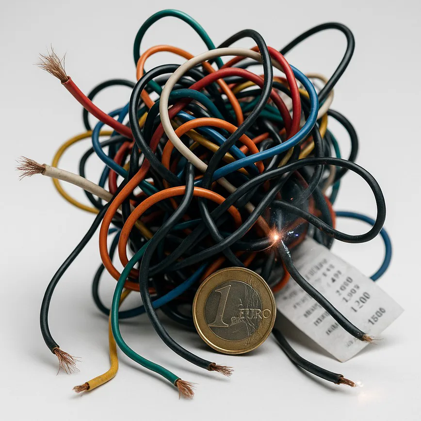 A tangled knot of frayed and sparking wires representing the core risks of outsourcing: quality issues, loss of control, and communication gaps.