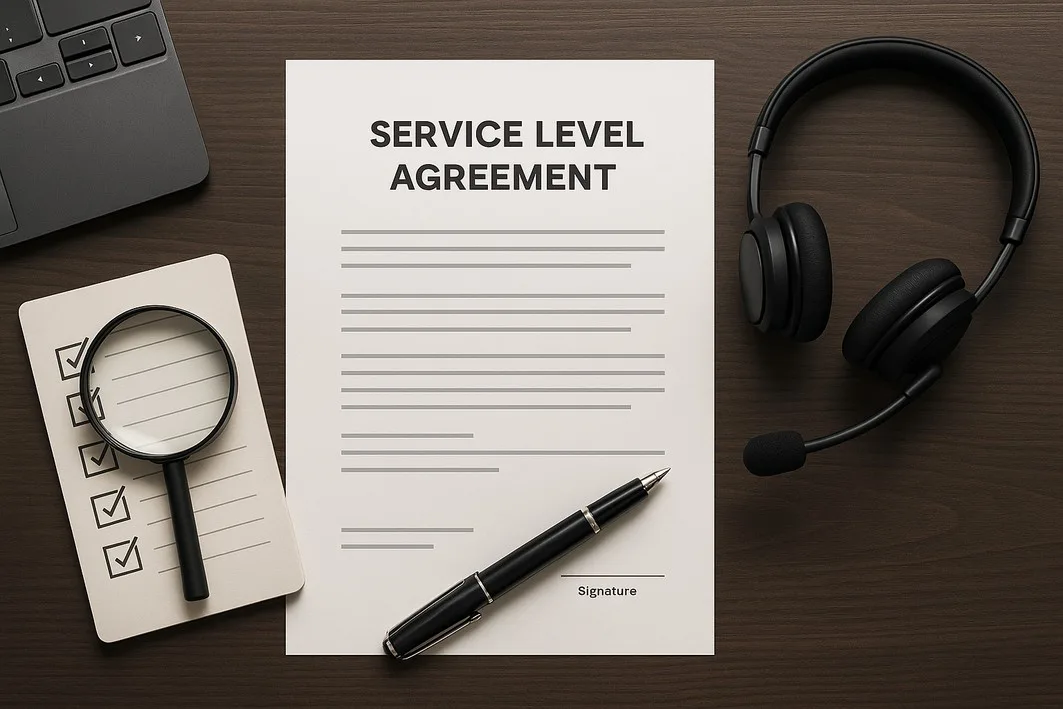 A flat lay of a desk with a service level agreement, magnifying glass, and headset, symbolizing the proactive strategies to mitigate outsourcing risks.