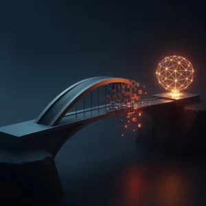 A conceptual 3D render of a bridge symbolizing the risks and rewards of outsourcing, with a stable start, a risky middle section, and a successful destination.
