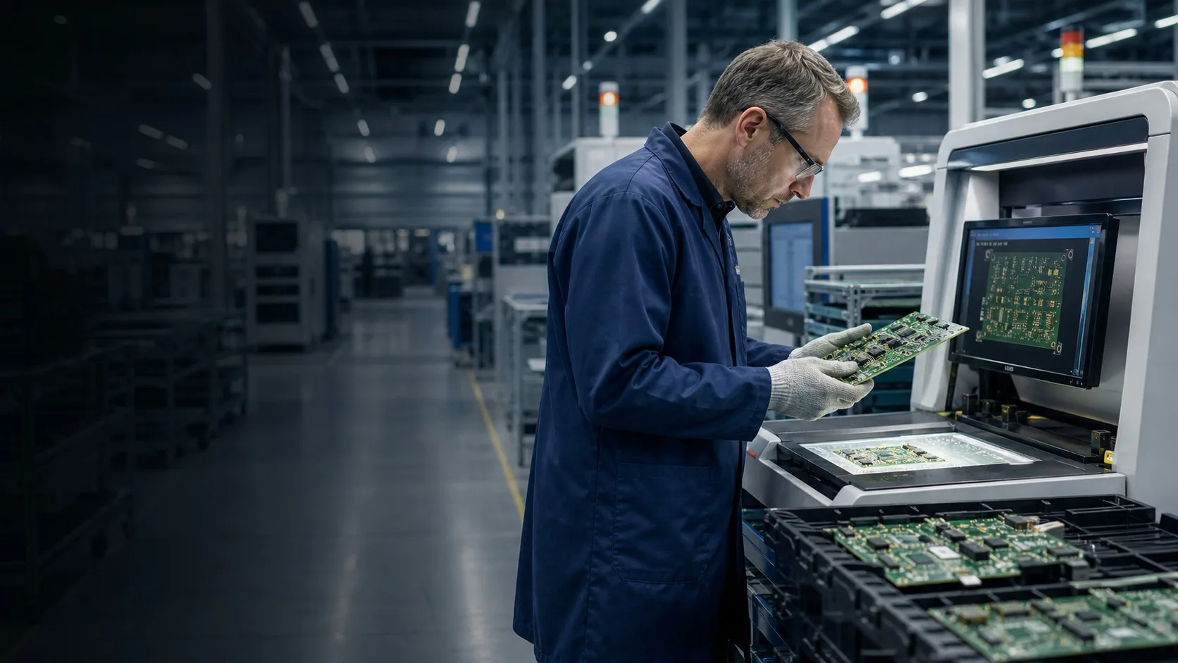 Electronics manufacturing engineer inspecting an assembled circuit board