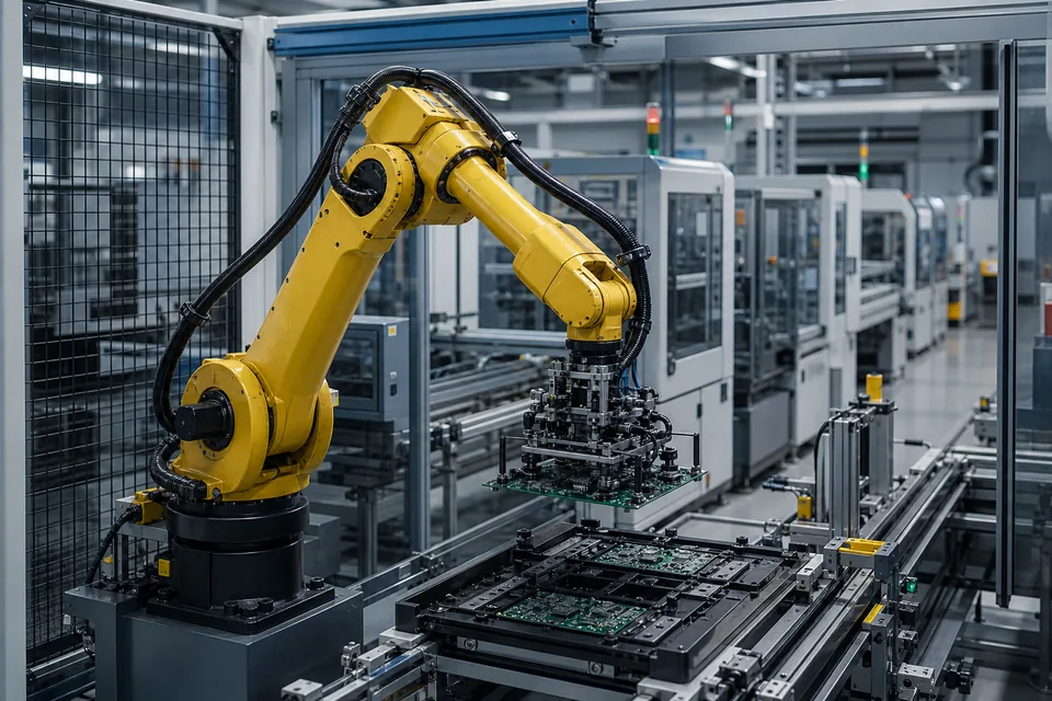 Yellow industrial robot handling circuit boards in an automated production cell