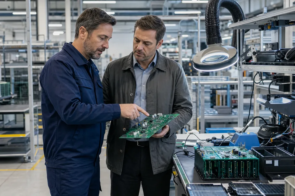 Manufacturing professionals discussing a PCB assembly transfer on the factory floor