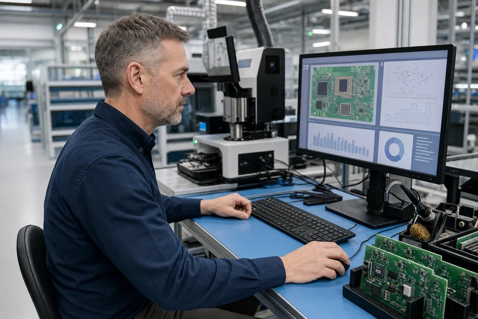 Electronics product engineer reviewing PCB assembly data at a manufacturing workstation