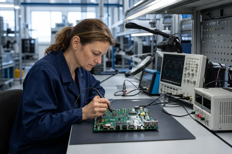 Electronics test engineer diagnosing an assembled circuit board at a lab bench