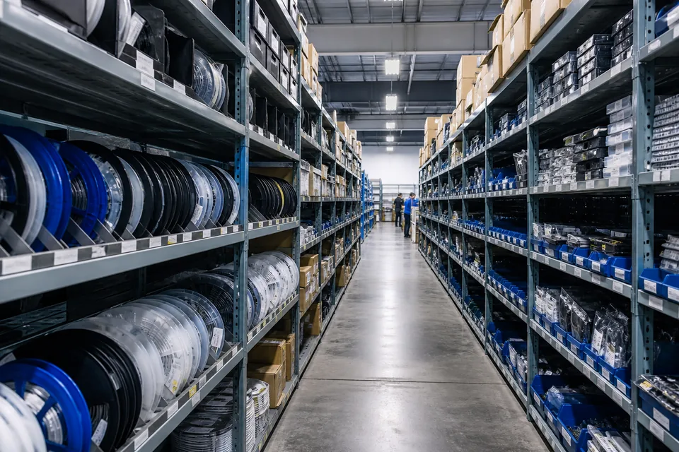 Organized electronics component reels and inventory in a supply warehouse